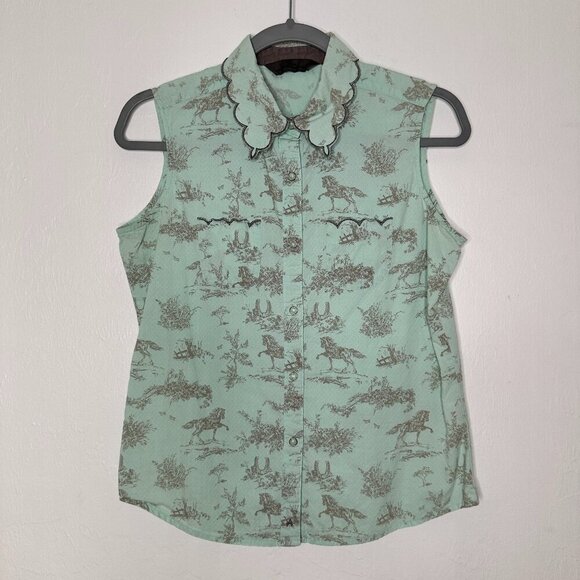 Aura Tops - Aura equine western print scallop collar sleeveless pearl snaps Top Size M